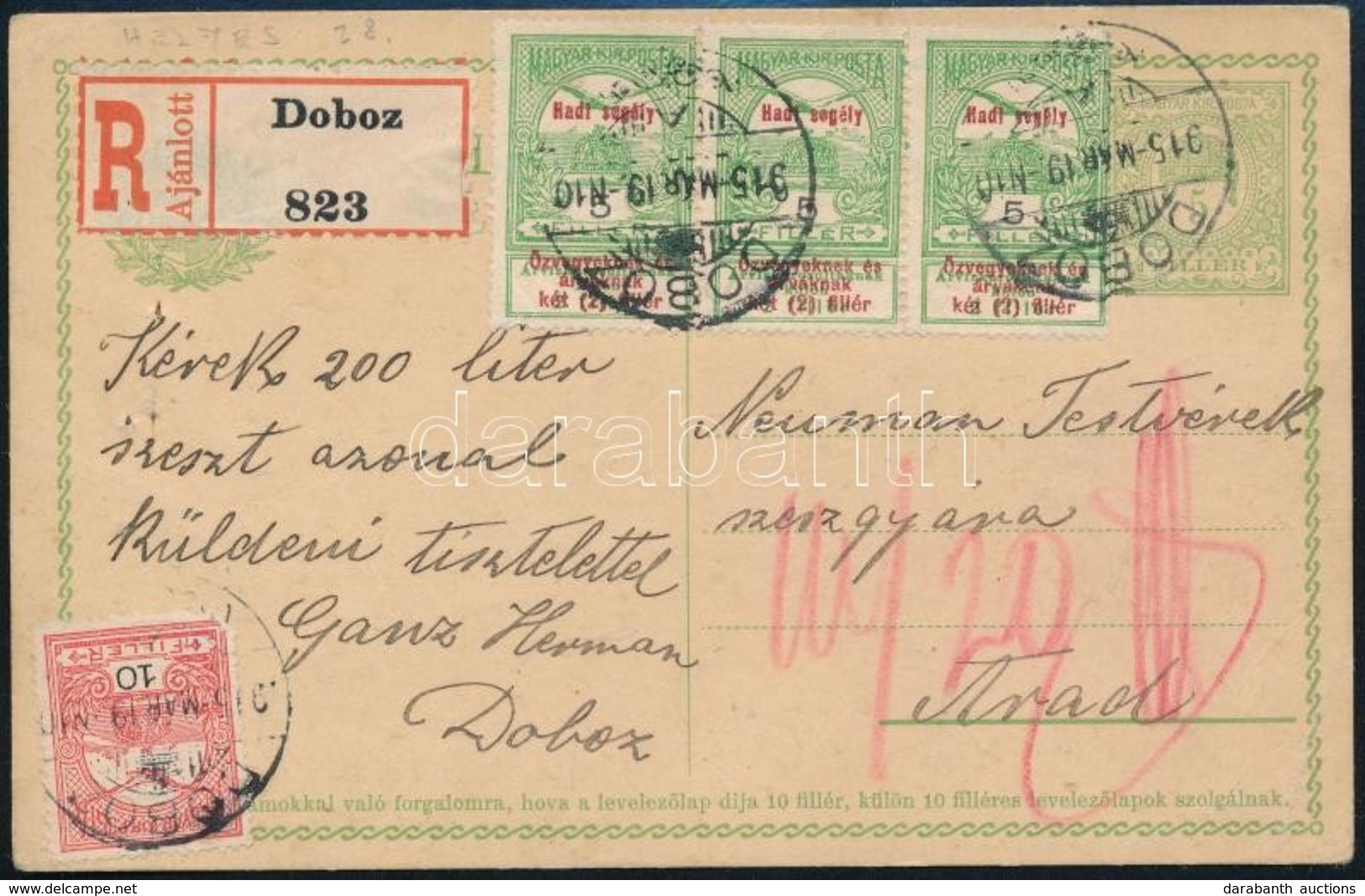 1915 Ajánlott Díjjegyes Levelezőlap 25f Díjkiegészítéssel / Registered PS-card With Additional Franking 'DOBOZ' - Andere & Zonder Classificatie