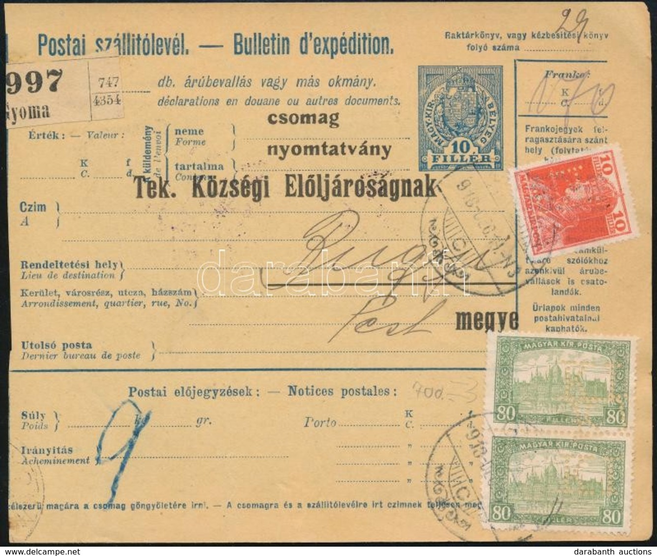 1918 Szállítólevél Céglyukasztásos Bélyegekkel Bérmentesítve, 'K.I.' Dupla Perforálással - Sonstige & Ohne Zuordnung