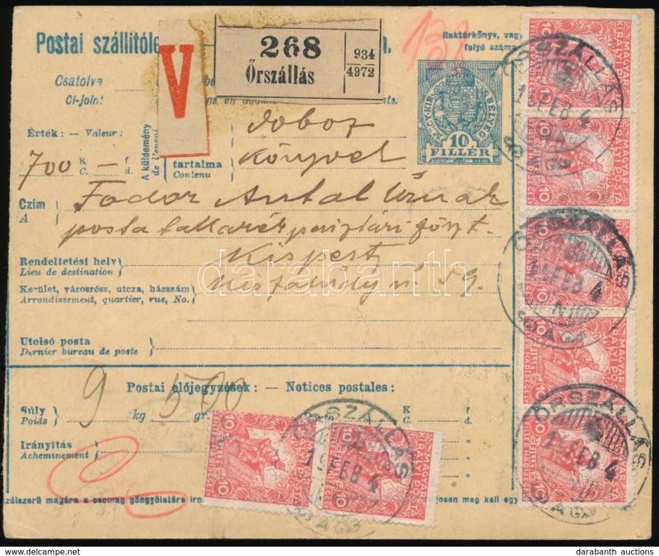 1919 25 X Hadisegély III. 10f 'V' Ragjegyes Csomagszállítón / 25 X Mi 183 On Parcel Card 'ŐRSZÁLLÁS' - Kispest - Andere & Zonder Classificatie