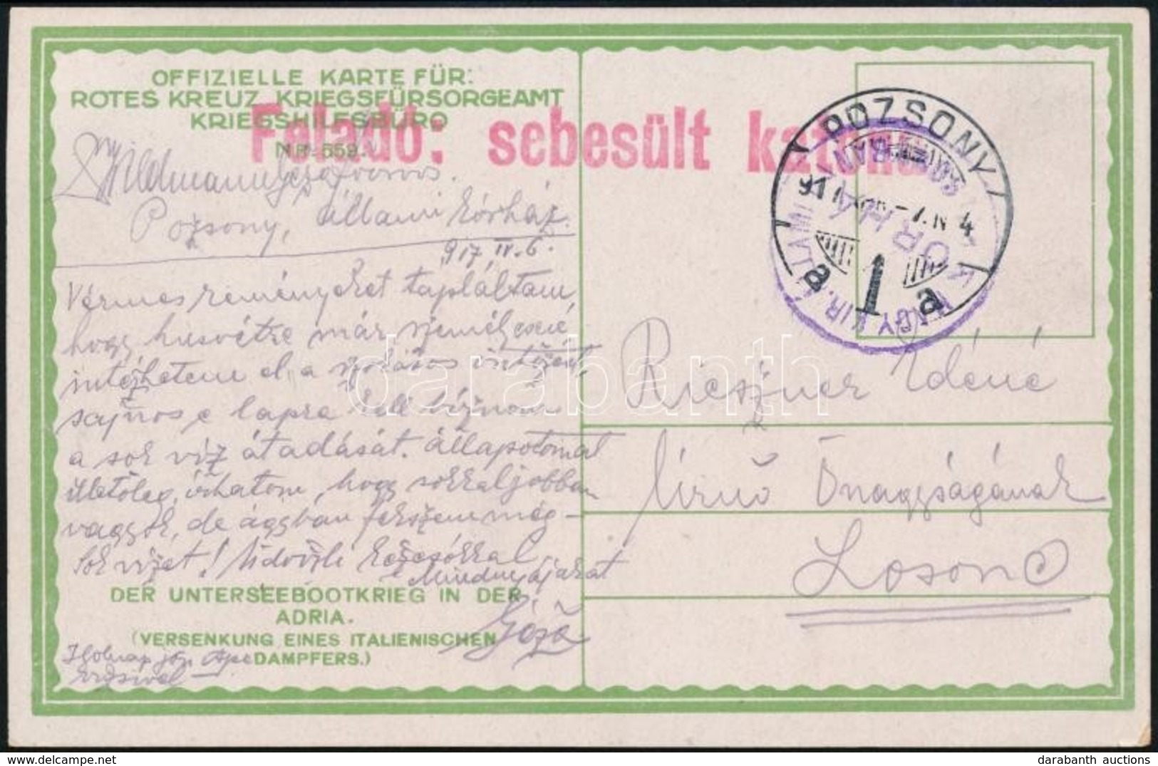 1917 Képeslap 'MAGY. KIR. ÁLLAMI KÓRHÁZ POZSONYBAN' + 'Feladó: Sebesült Katona' / Postcard From State Hospital In Pozson - Other & Unclassified