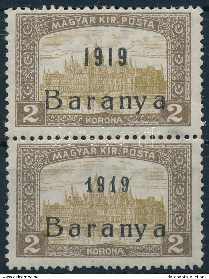 ** Baranya I. 1919 Parlament 2K Pár Groteszik és Antikva Számokkal / Mi 31 Pair, Overprint Variety. Signed: Bodor - Other & Unclassified