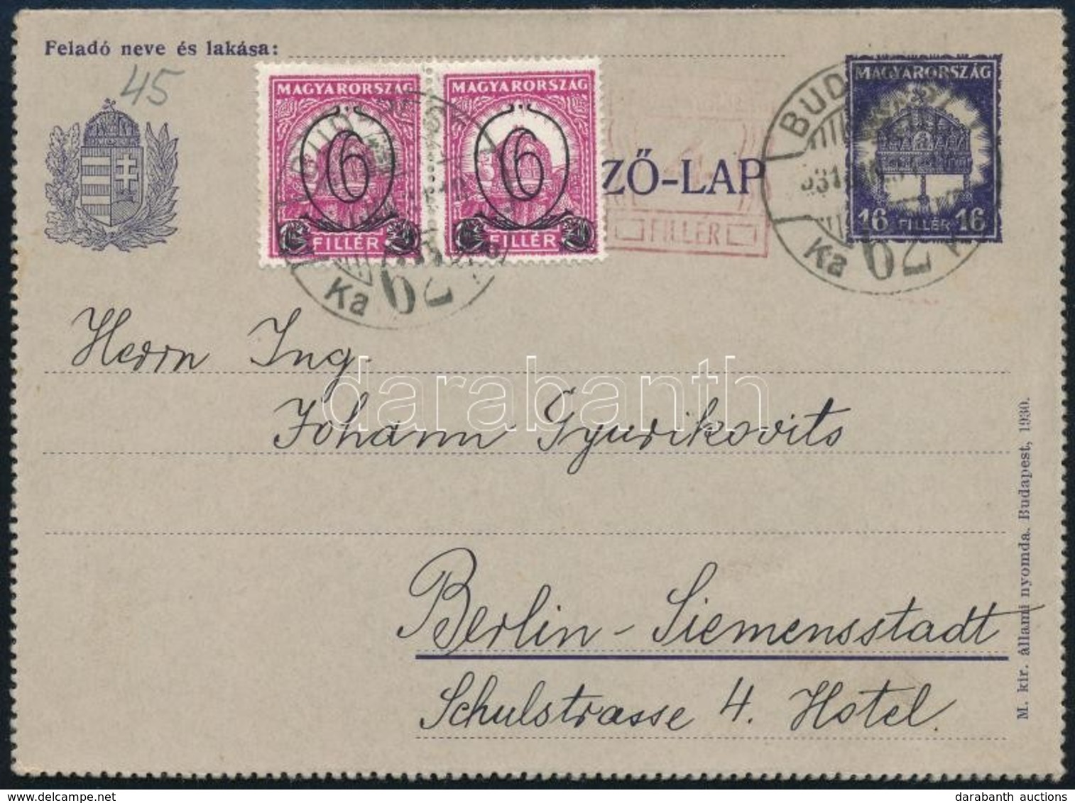 1931 Díjjegyes Zárt Levelezőlap Díjkiegészítéssel Berlinbe / PS-cover Card With Additional Franking To Berlin - Sonstige & Ohne Zuordnung