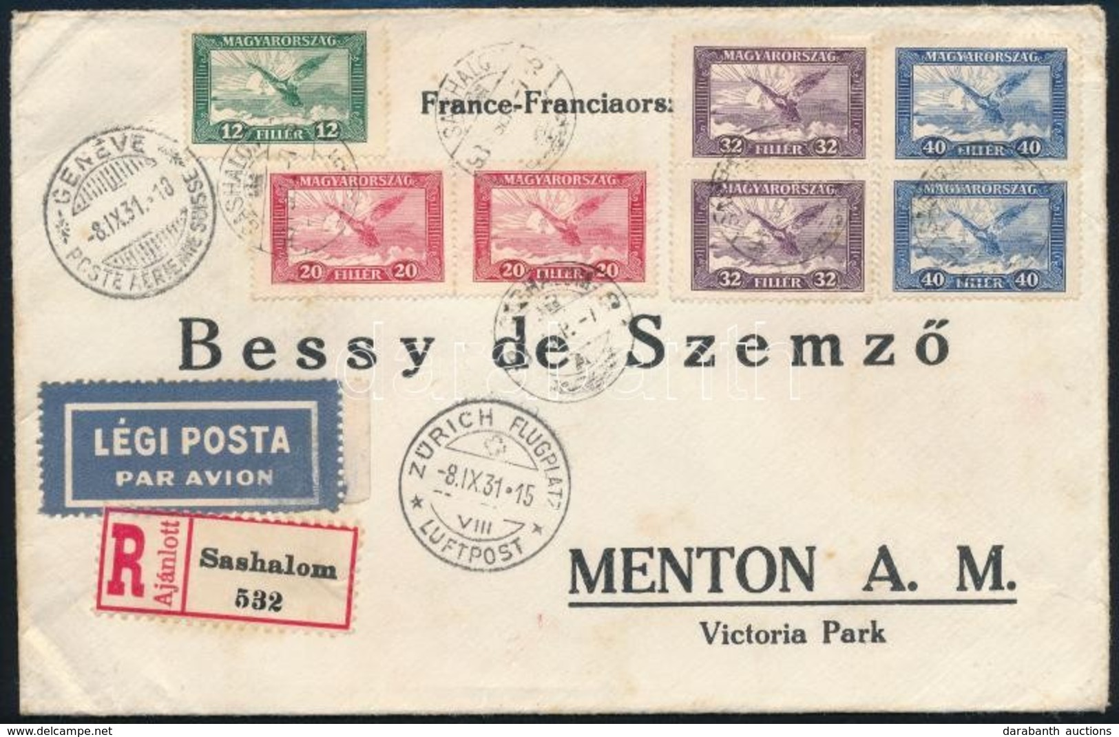 1931 Ajánlott Légi Levél 1,96P Bérmentesítéssel Svájcon át Franciaországba / Registered Airmail Cover To France - Other & Unclassified