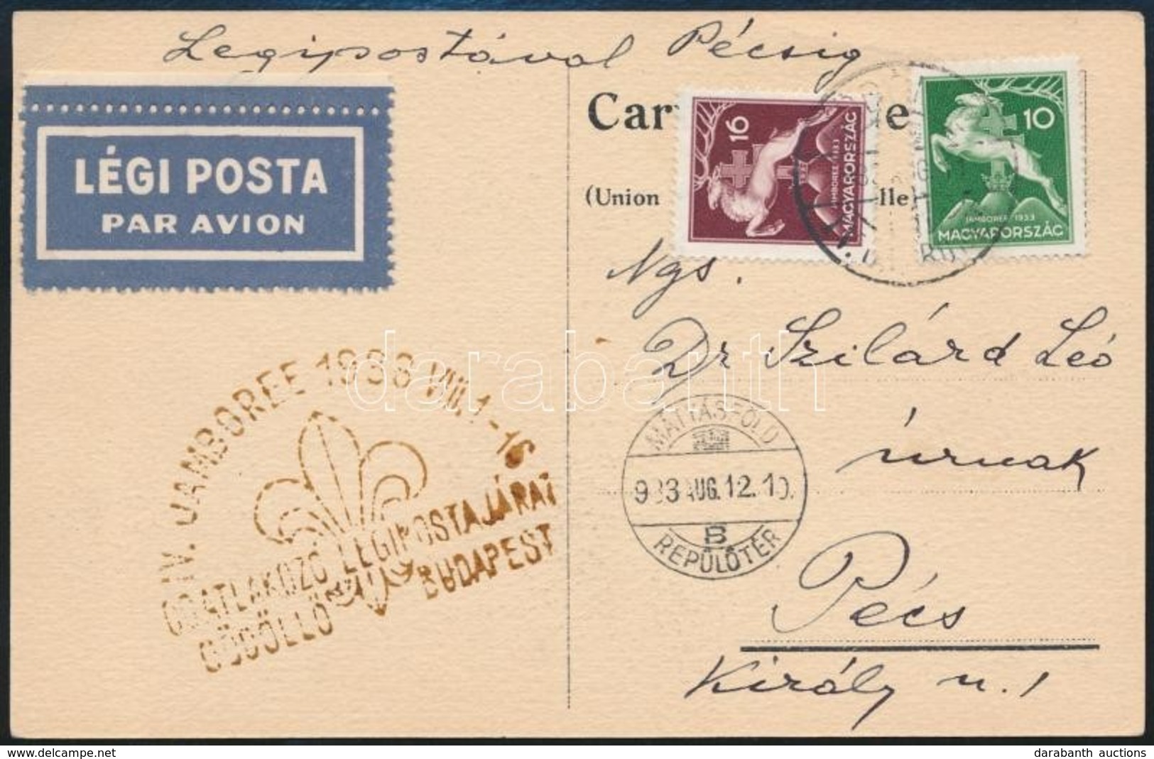 1933 Képeslap Cserkész Bélyegekkel, Jamboree Alkalmi Bélyegzéssel, Légipostával / Scout Special Cancellation On Airmail  - Sonstige & Ohne Zuordnung