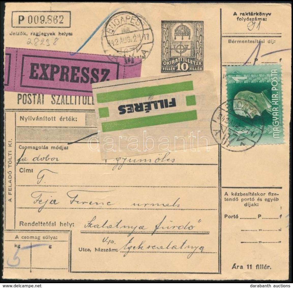 1942 Expressz Filléres Csomagszállító / Express Parcel Card - Other & Unclassified