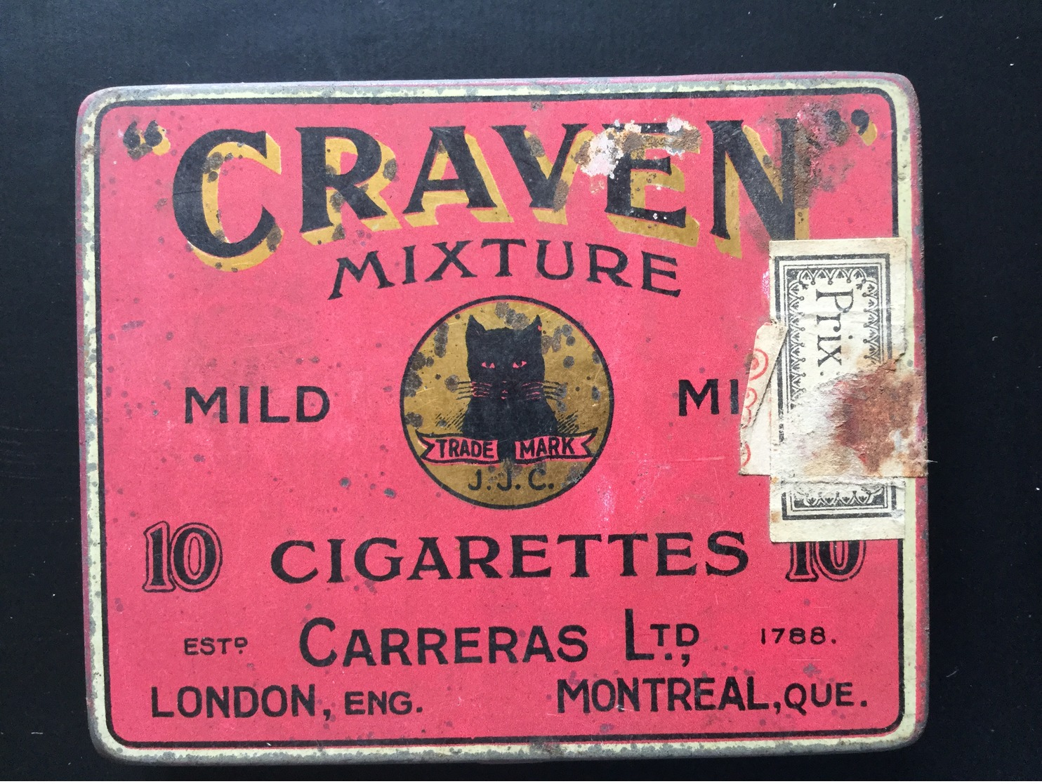 Boîte Ancienne Métal 10 Cigarettes Craven Mixture Carreras Chat Noir - Sigarettenkokers (leeg)