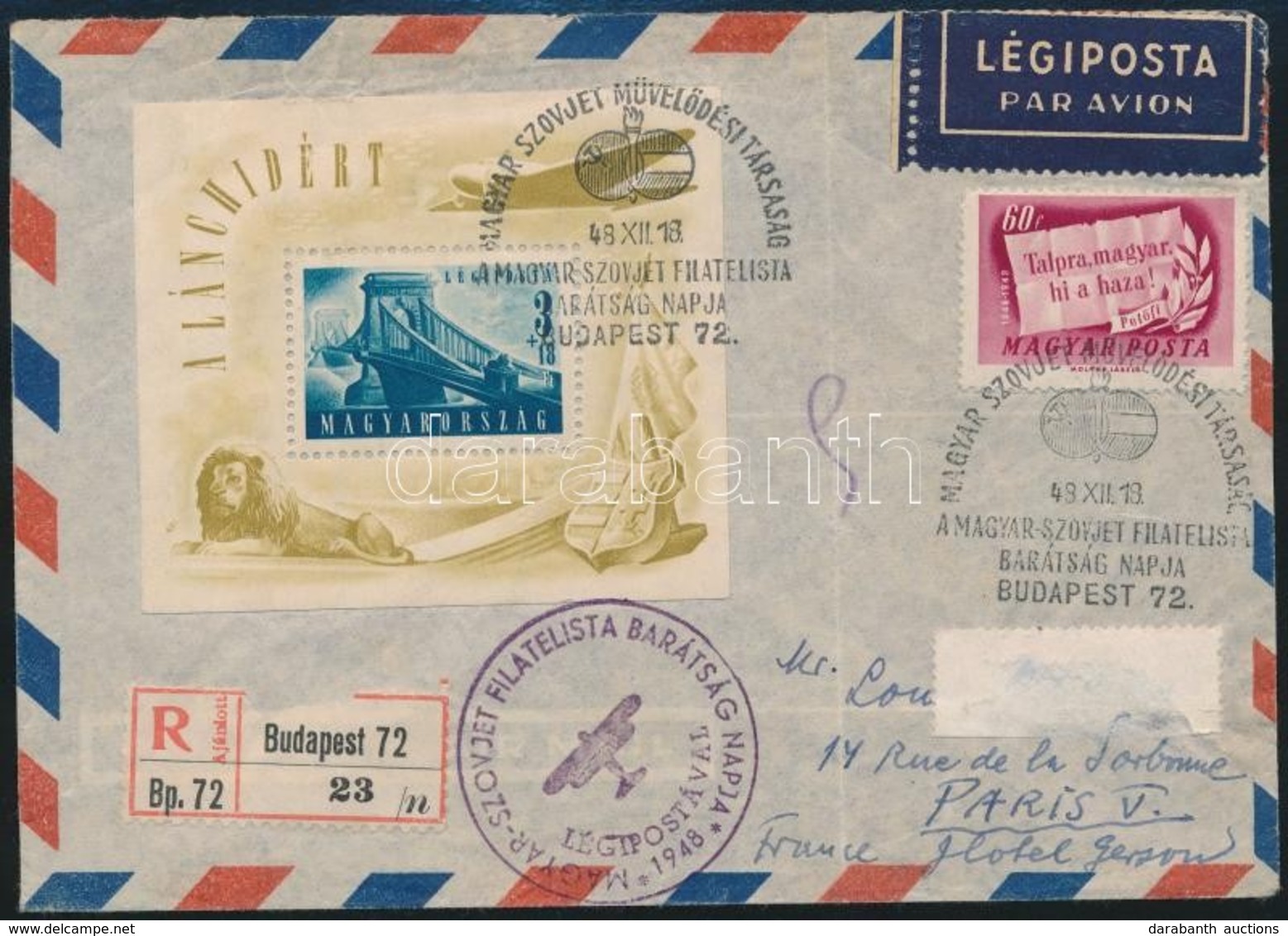 1948 Légi Ajánlott Levél Lánchíd (II.) Blokkal, Díjkiegészítéssel Párizsba Küldve - Other & Unclassified