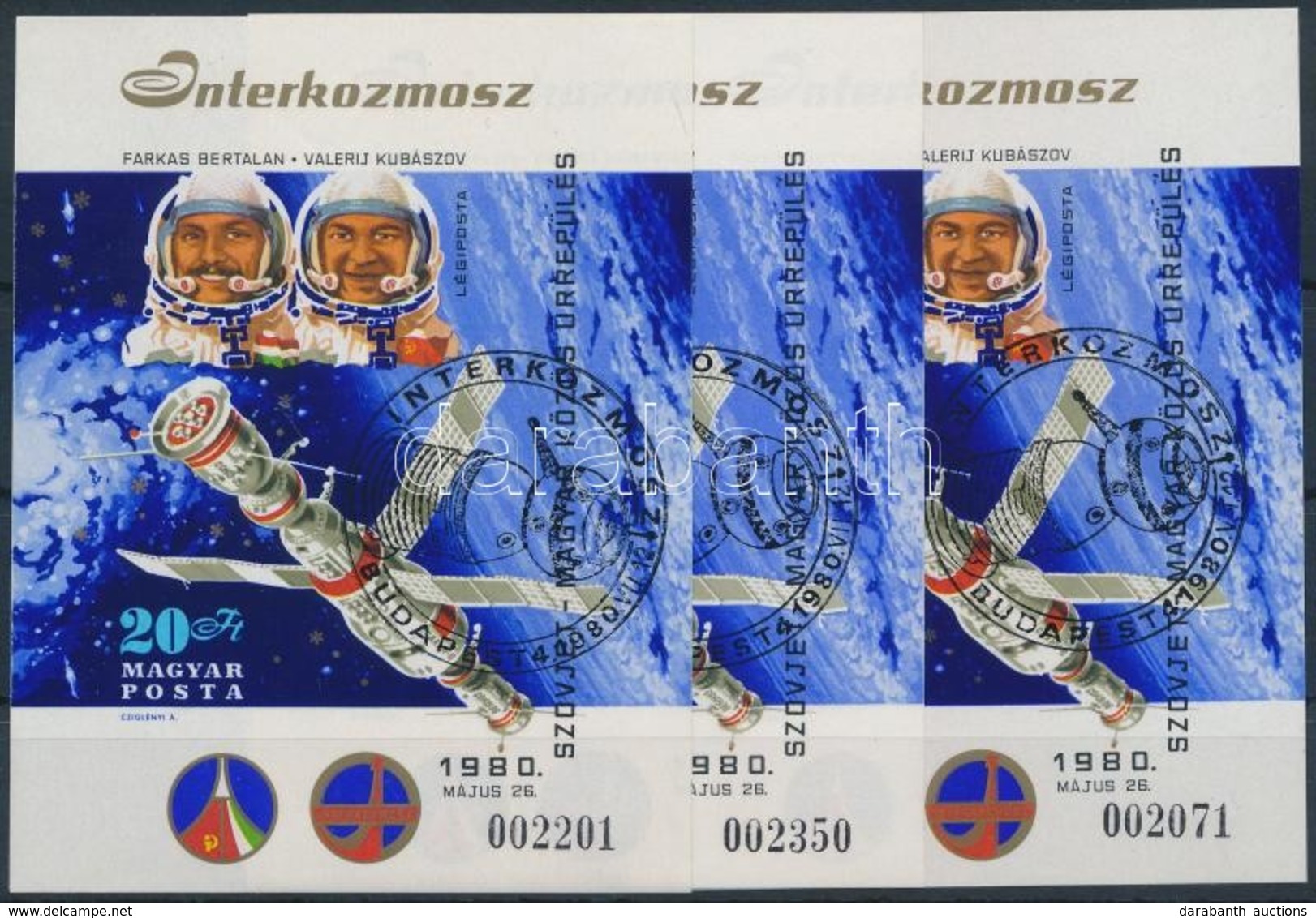 O 1980 3 Db Szovjet-magyar Közös űrrepülés Vágott Blokk (13.500) / 3 X Mi 143 Imperforate Blocks - Other & Unclassified