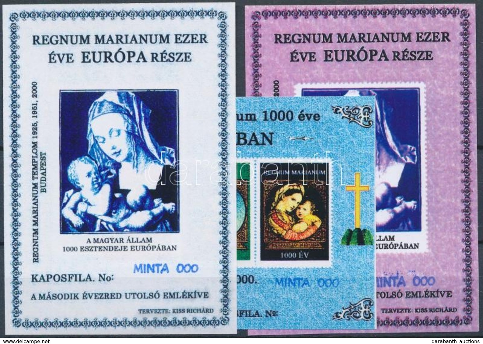 ** 2000/72, 74 Regnum Marianum 3 Klf Emlékív Színpróba Nyomat, MINTA, 000 Sorszámmal - Andere & Zonder Classificatie