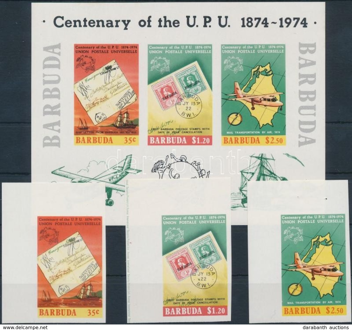 ** 1974 100 éves Az UPU ívsarki Vágott Sor Mi 182-184 + Blokk 10 - Other & Unclassified