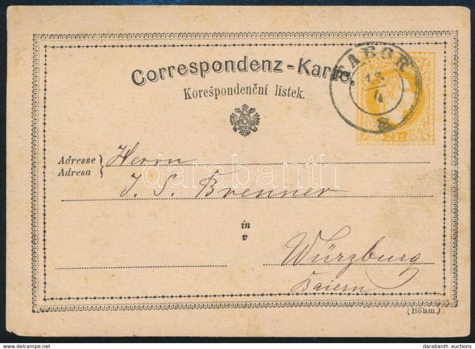 1874 2kr Díjjegyes Levelezőlap / PS-card 'TABOR' - 'WÜRZBURG' Germany - Other & Unclassified