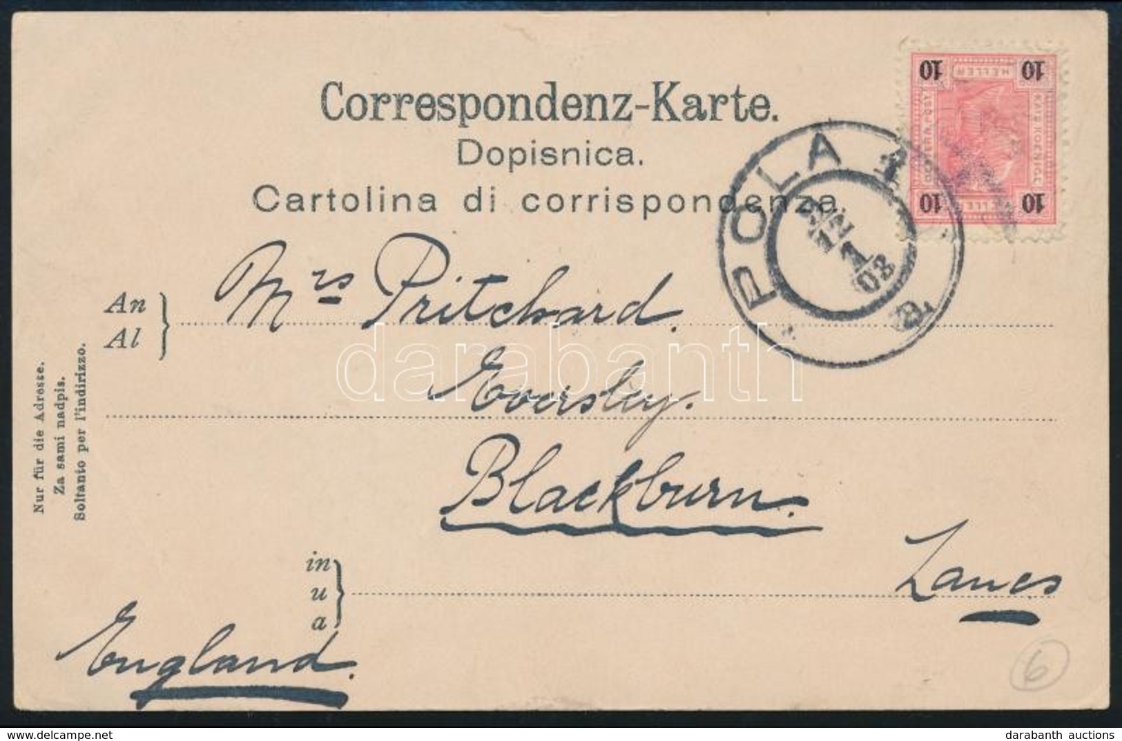 1908 Risano Képeslap Polából Angliába / Risano Postcard From Pola To England - Other & Unclassified