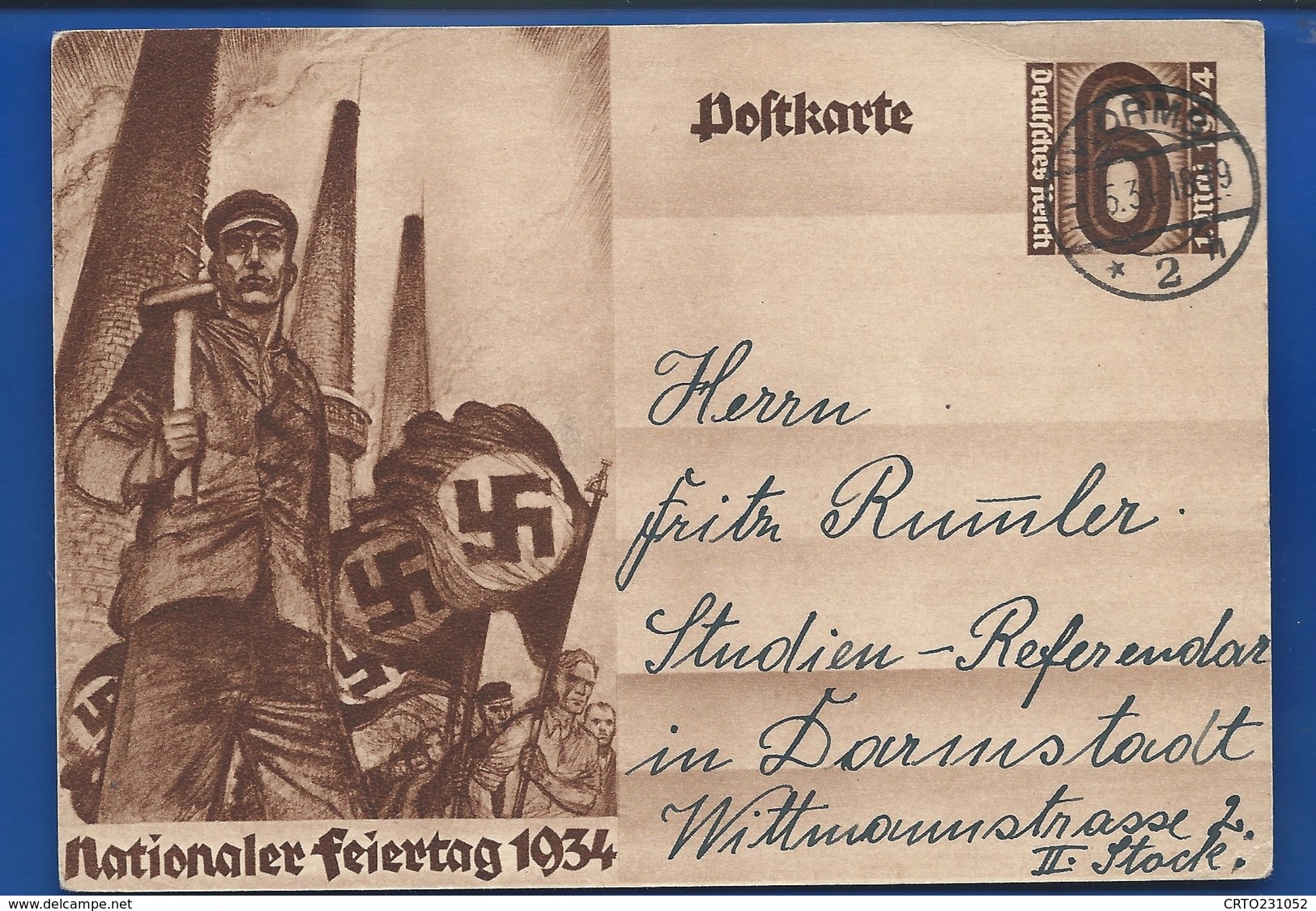 Postkarte Nationaler Feiertag 1934  à 6 Deutches Reich   Oblitération: WORMS 1/5/1934 - Cartas & Documentos