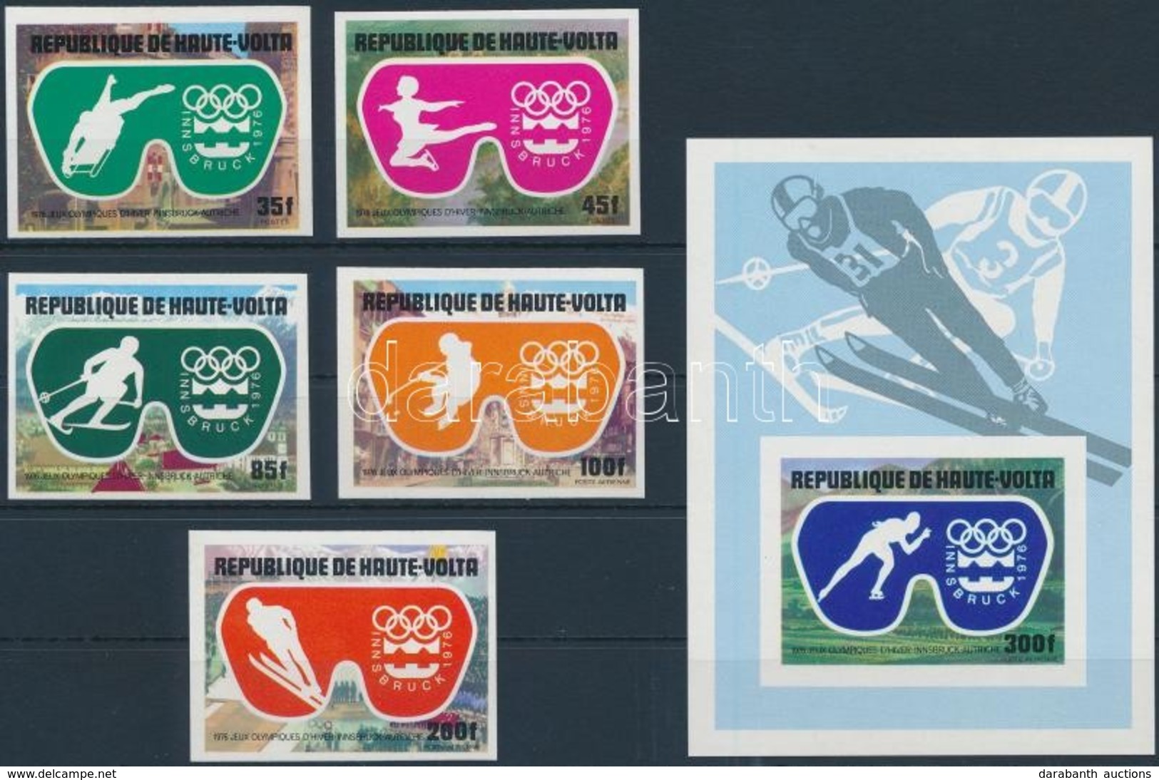 ** 1975 Téli Olimpia, Innsbruck Vágott Sor + Blokk,
Winter Olympics, Innsbruck Imperforated Set + Block
Mi 603-607 + 39 - Altri & Non Classificati