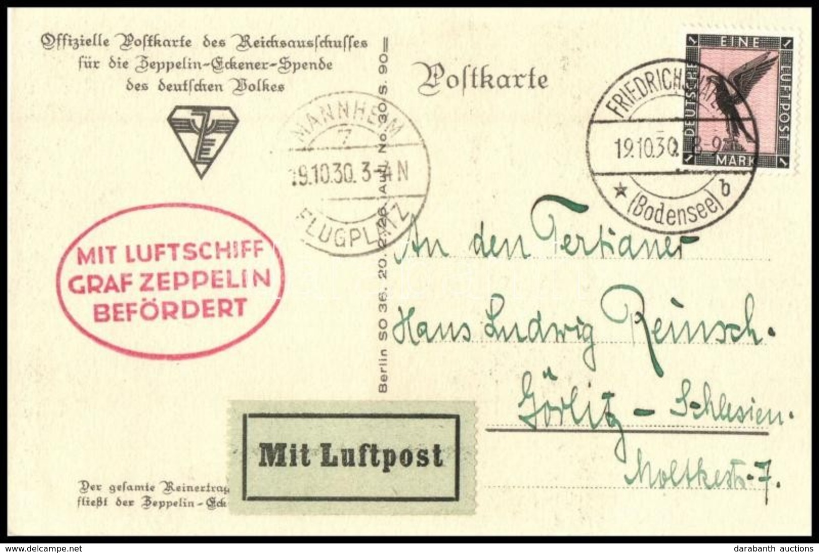 1930 Zeppelin Léghajó útja Mannheimbe Képeslap / Zeppelin Flight To Mannheim, Postcard - Andere & Zonder Classificatie