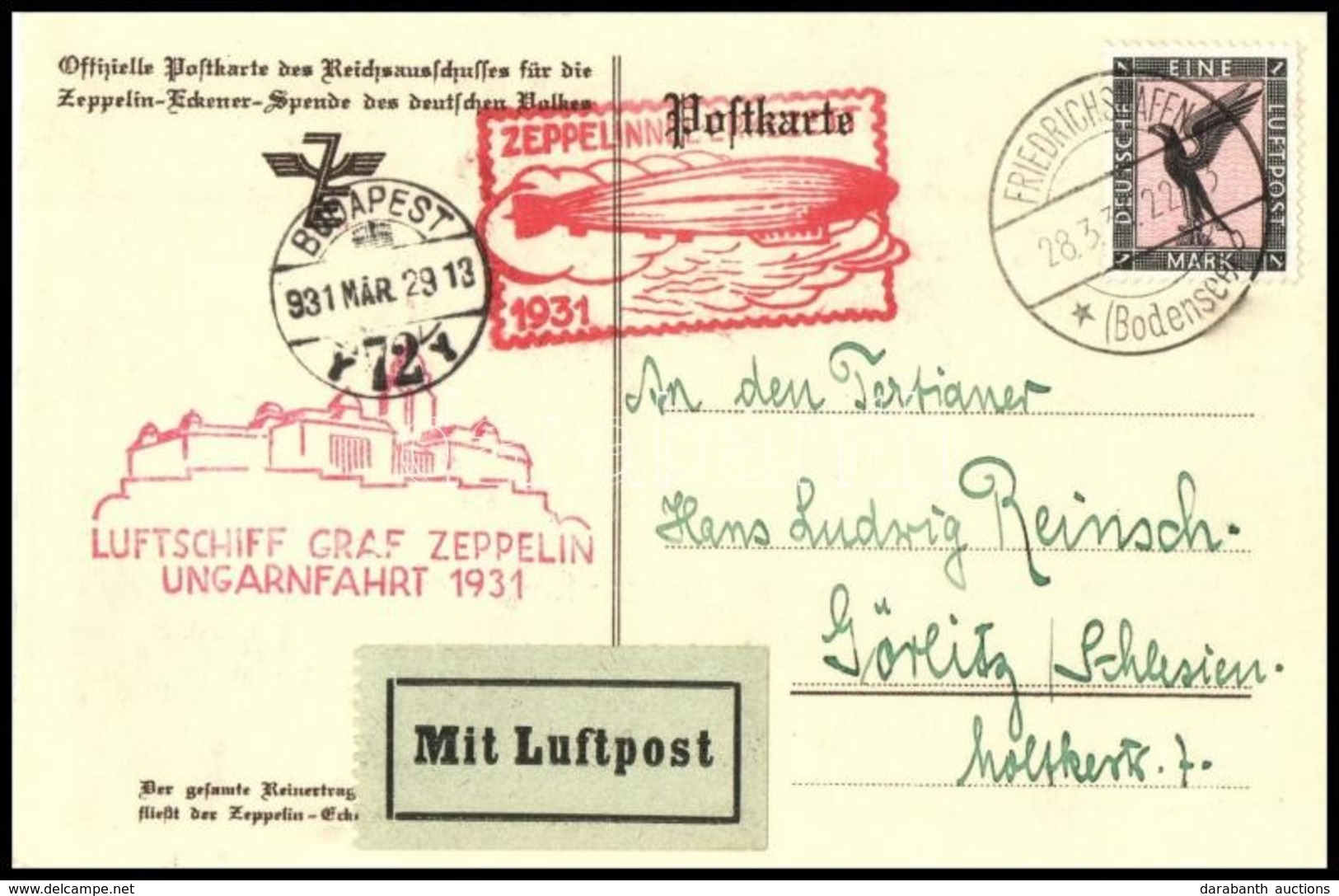 1931 Zeppelin Magyarországi útja, Gróf Zeppelint ábrázoló Képeslap Görlitzbe / Zeppelin Flight To Hungary, Graf Zeppelin - Sonstige & Ohne Zuordnung