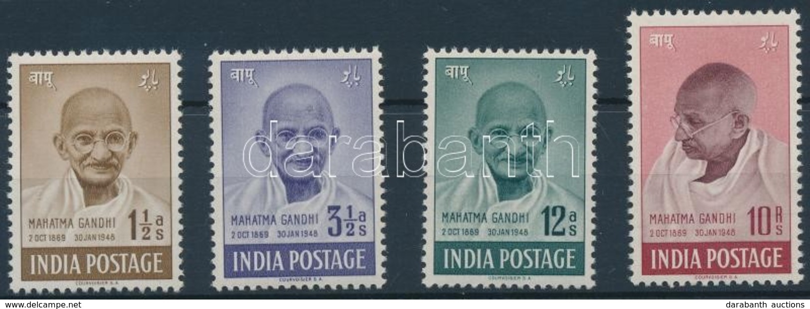 ** 1948 Gandhi Sor Mi 187-190 (Mi 190 -et A Berakó Csíkja Megnyomta / Pressed By The Stockbook) - Otros & Sin Clasificación