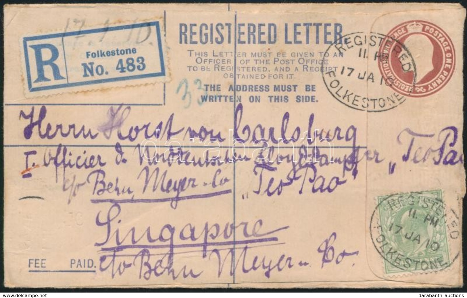 1910 Ajánlott Díjjegyes Boríték Díjkiegészítéssel Szingapurba / PS-registered Cover With 1/2p Additional Franking To Sin - Andere & Zonder Classificatie