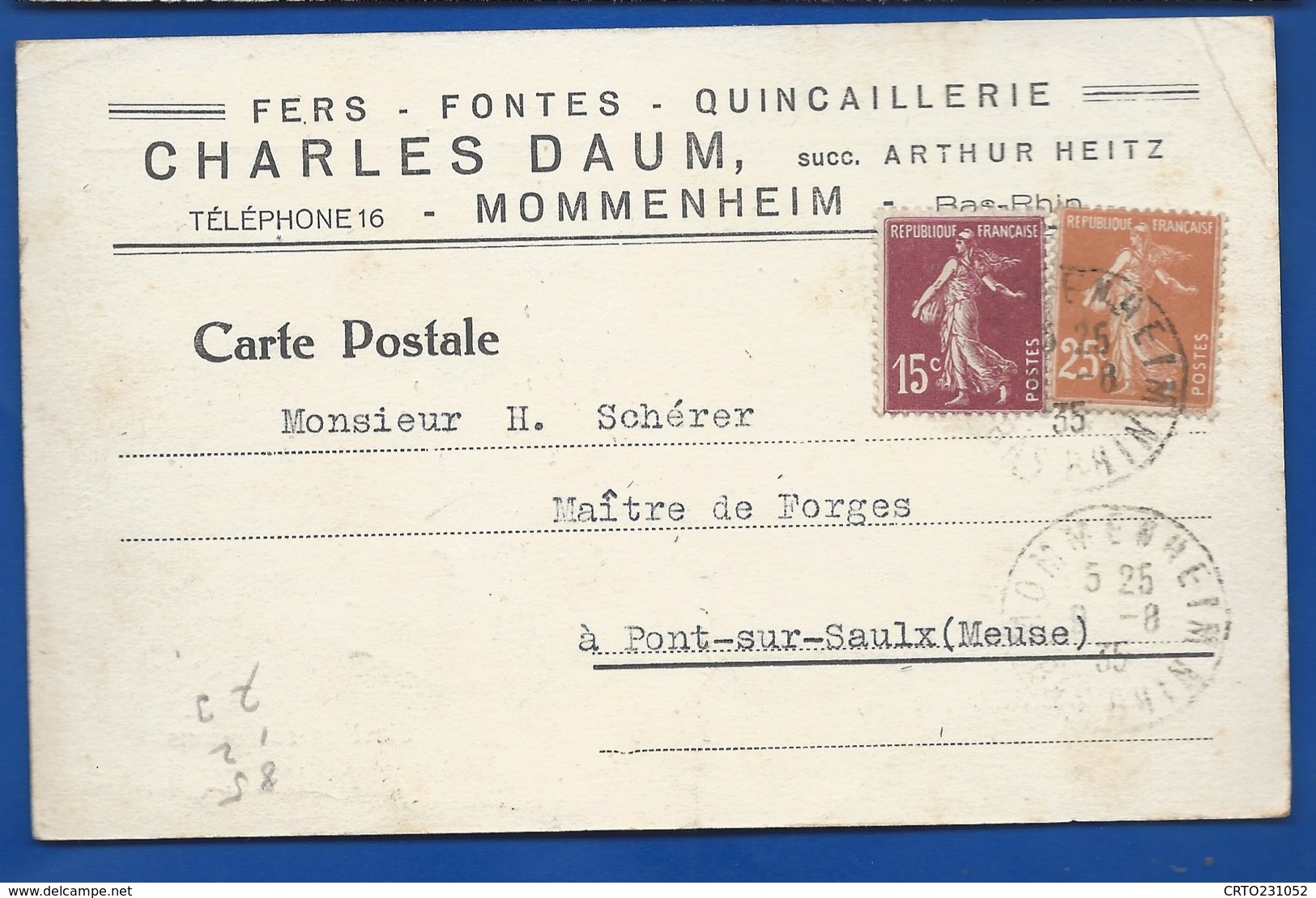 Carte à Entête D'Entreprise     Quincaillerie: Charles DAUM  MOMMENHEIM  écrite En 1935 - Sonstige & Ohne Zuordnung