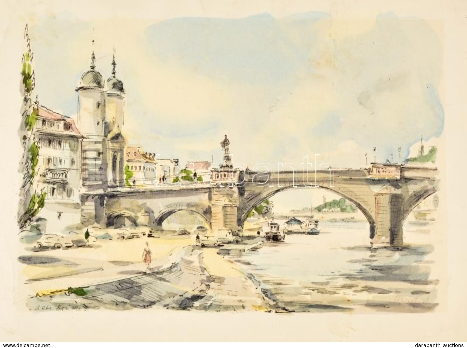 Olvashatatlan Jelzéssel: Alte Brücke. Színezett Litográfia, Jelzett A Litográfián, Foltos, 24×33 Cm - Other & Unclassified