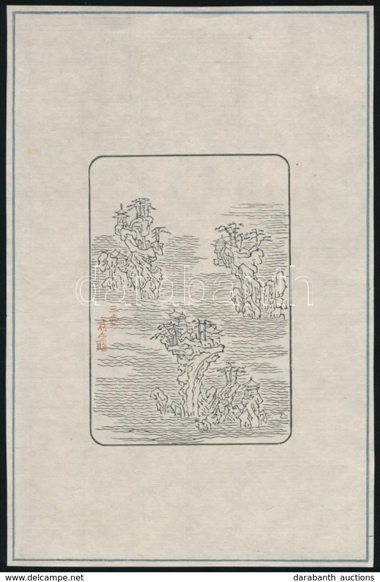 Cca 1920 Táj Sziklákkal és Házakkal, Kínai Fametszet, Rizspapír, Jelzett A Dúcon, 21×13,5 Cm - Prints & Engravings