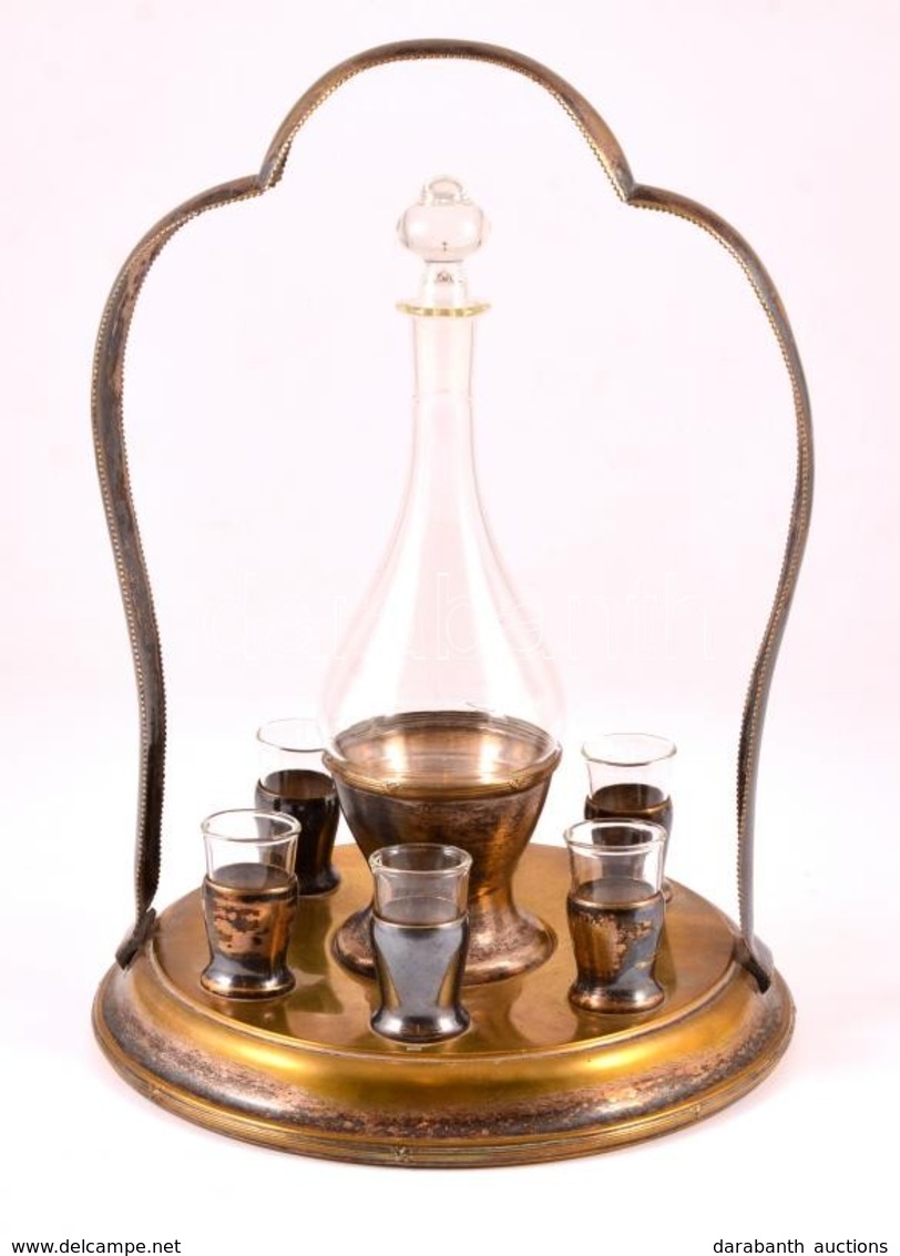 Likőrös Készlet. Ezüstözött Réz Tartó (kopott) üvegpoharakkal és Likőrös/pálinkás üveggel M: 35 Cm - Andere & Zonder Classificatie
