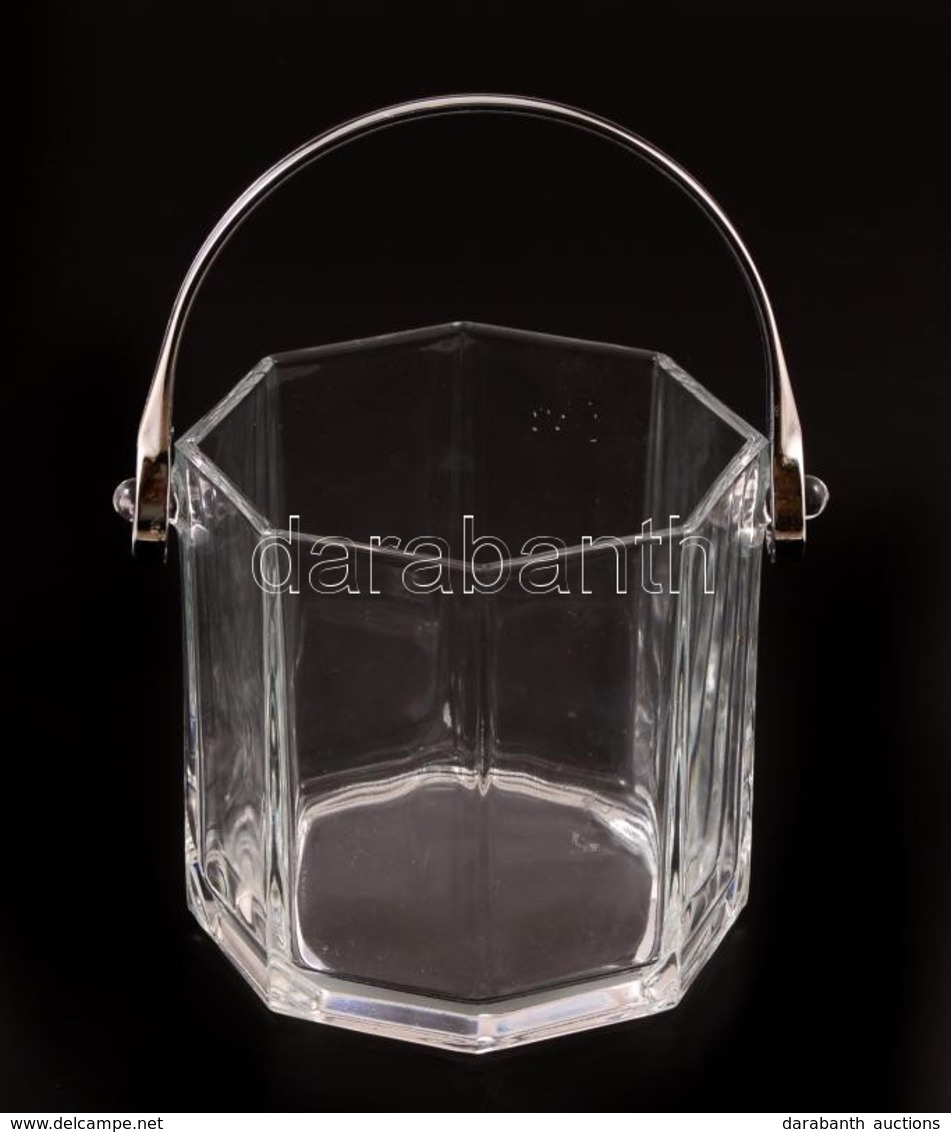 Üveg Jégtartó, Fém Füllel, Kopásnyomokkal, M: 12 Cm, D: 12 Cm - Glas & Kristal