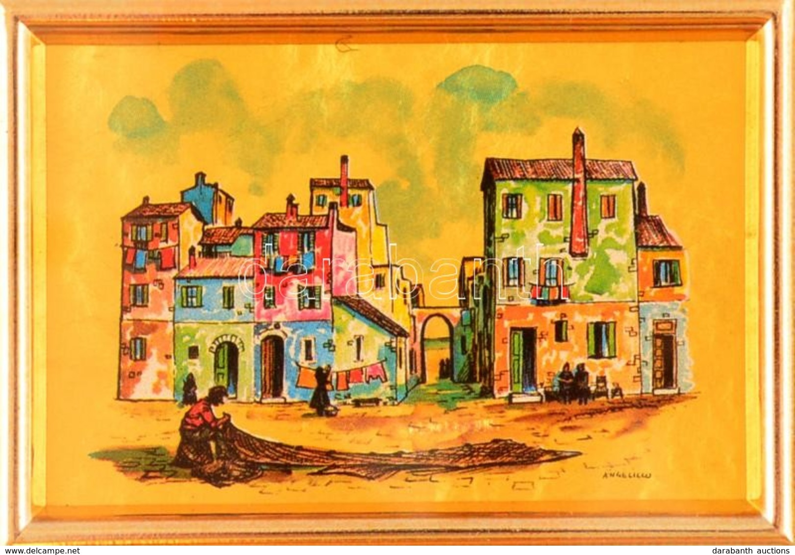 Mediterrán Utca, Aranyozott Kromolitográfia, üvegezett Keretben, 4×6 Cm - Other & Unclassified