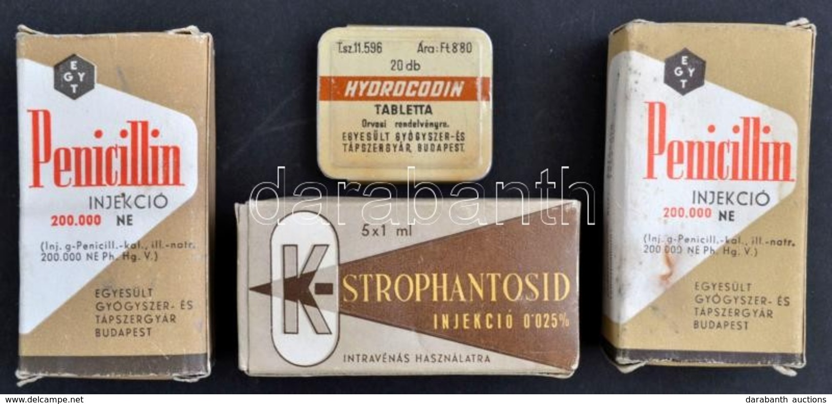 Régi Gyógyszeres Dobozok (Penicillin, Strophantosid, Hydrocodin), Tartalommal - Altri & Non Classificati