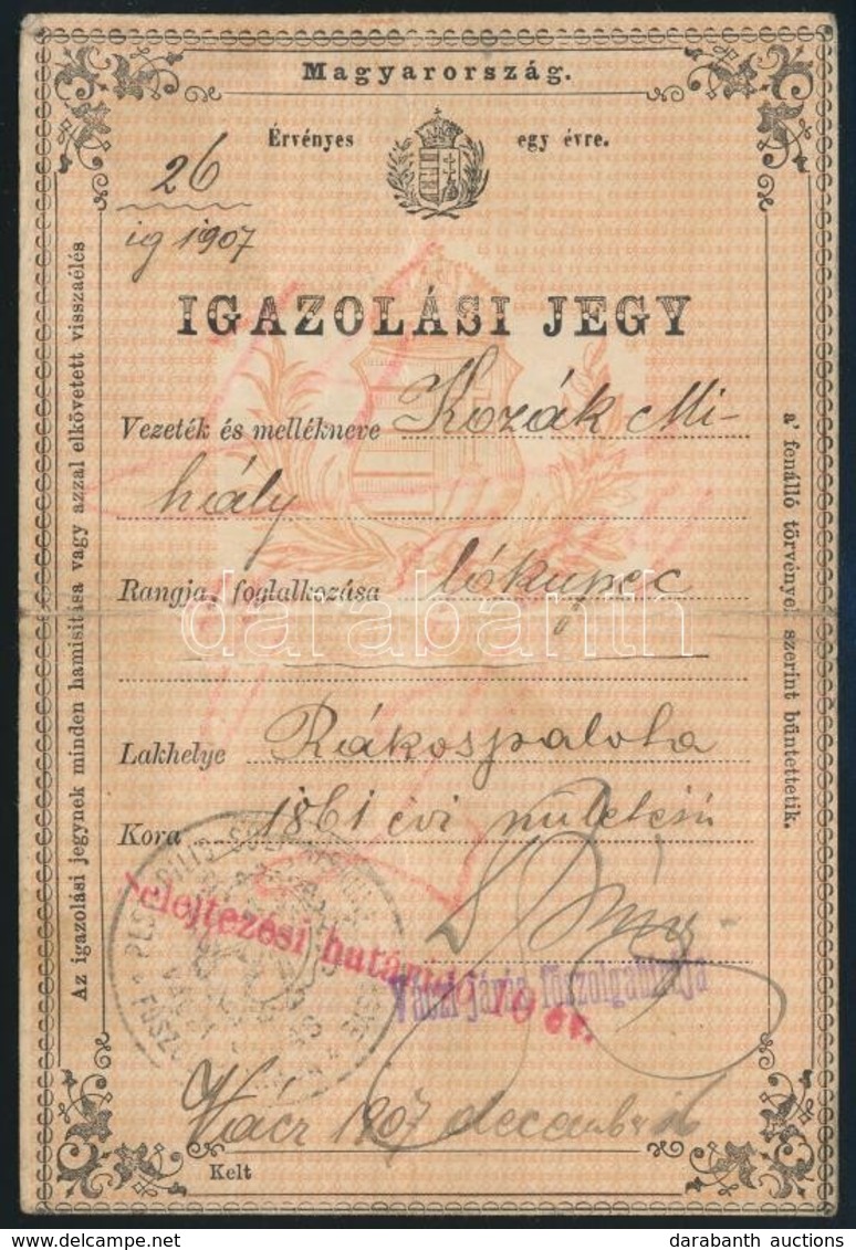 1861 Igazolási Jegy Rákospalotai Lókupec Részére. - Zonder Classificatie