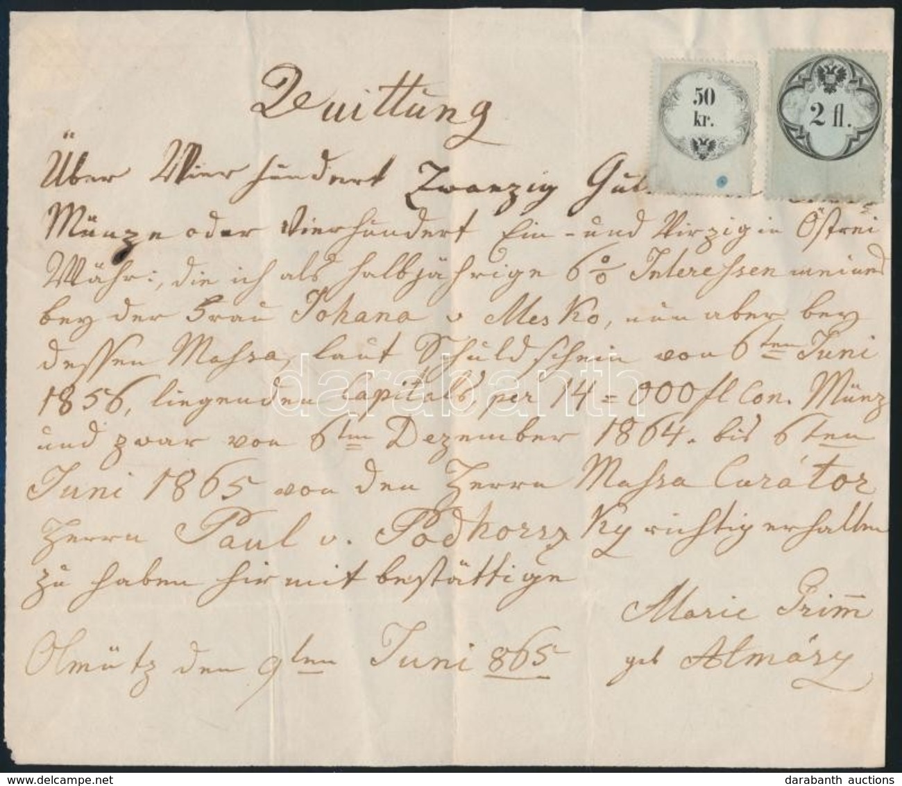 Ausztria Olmütz 1865 Nyugta Vízjeles 2Ft + 50kr Okmánybélyegekkel - Unclassified