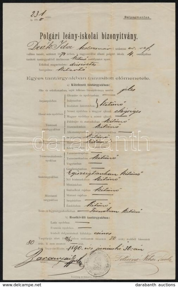 1890 Nagyszőlős, Polgári Leányiskolai Bizonyítvány - Zonder Classificatie