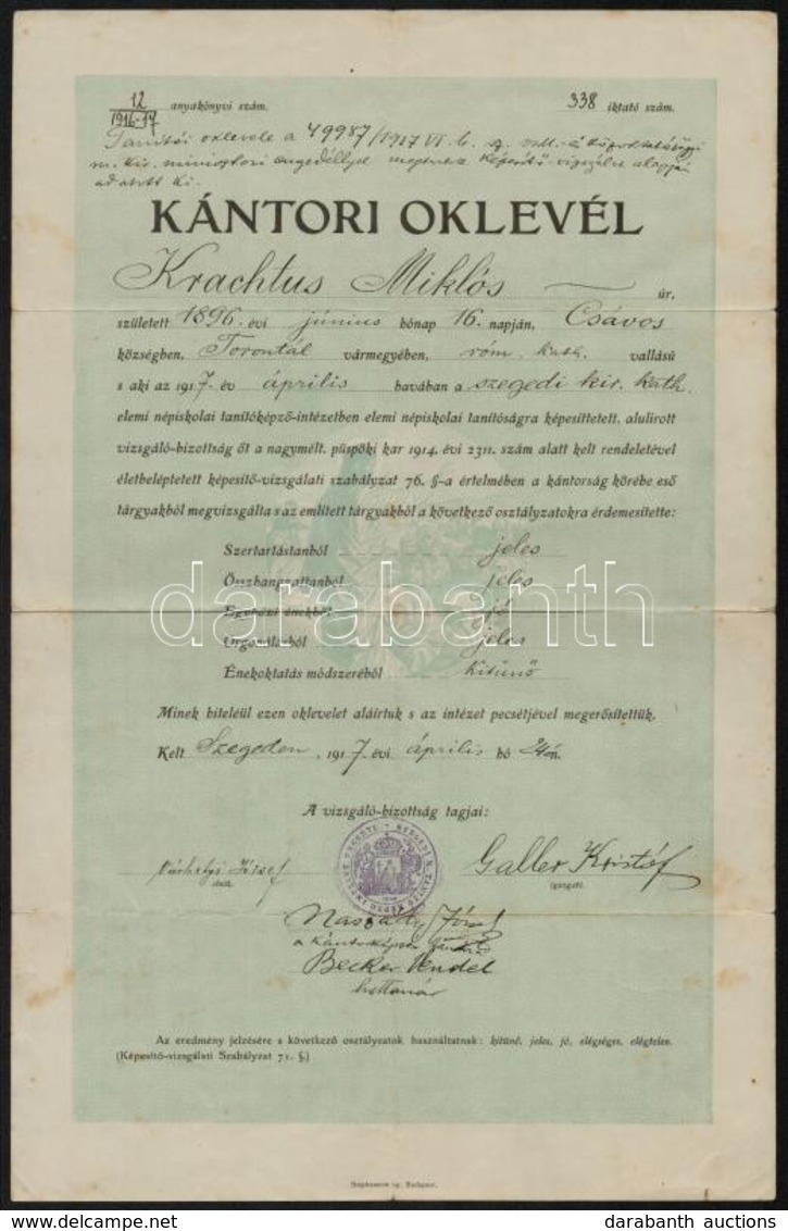 1917 Szeged, Kántori Oklevél - Unclassified