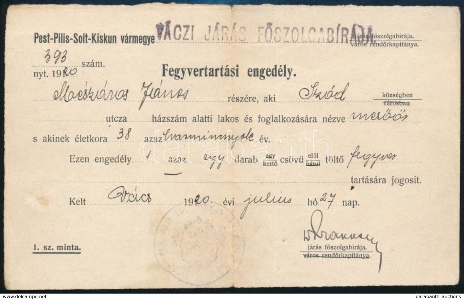 1920 Fegyvertartási Engedély Vác. - Unclassified