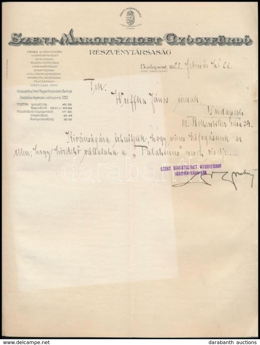 1922 Bp., Szent-Margitsziget Gyógyfürdő Részvénytársaság Fejléces Levélpapírjára írt Levél - Unclassified