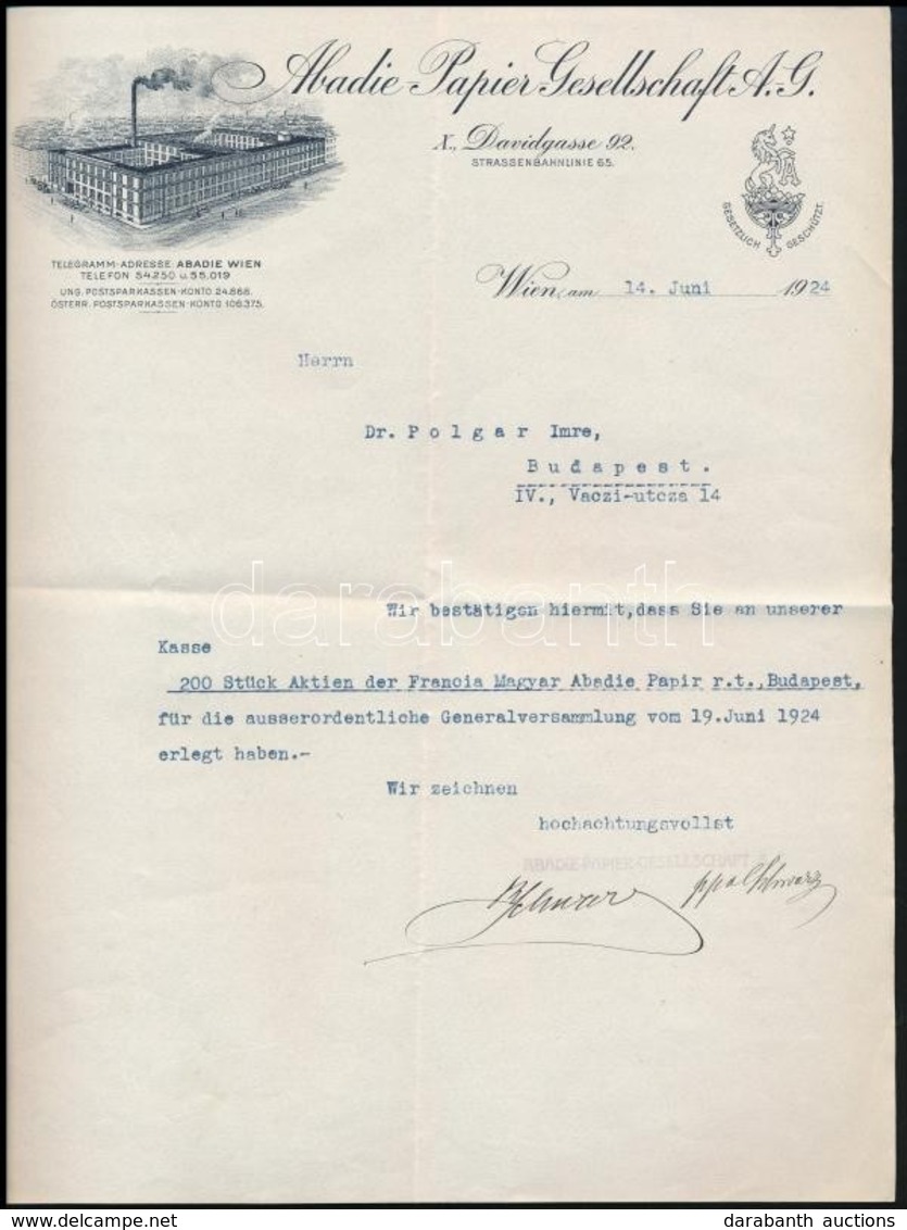 1924 Bécs, Abadie Papier-Gesellschaft A.G. Fejléces Levélpapírjára írt Levél - Unclassified