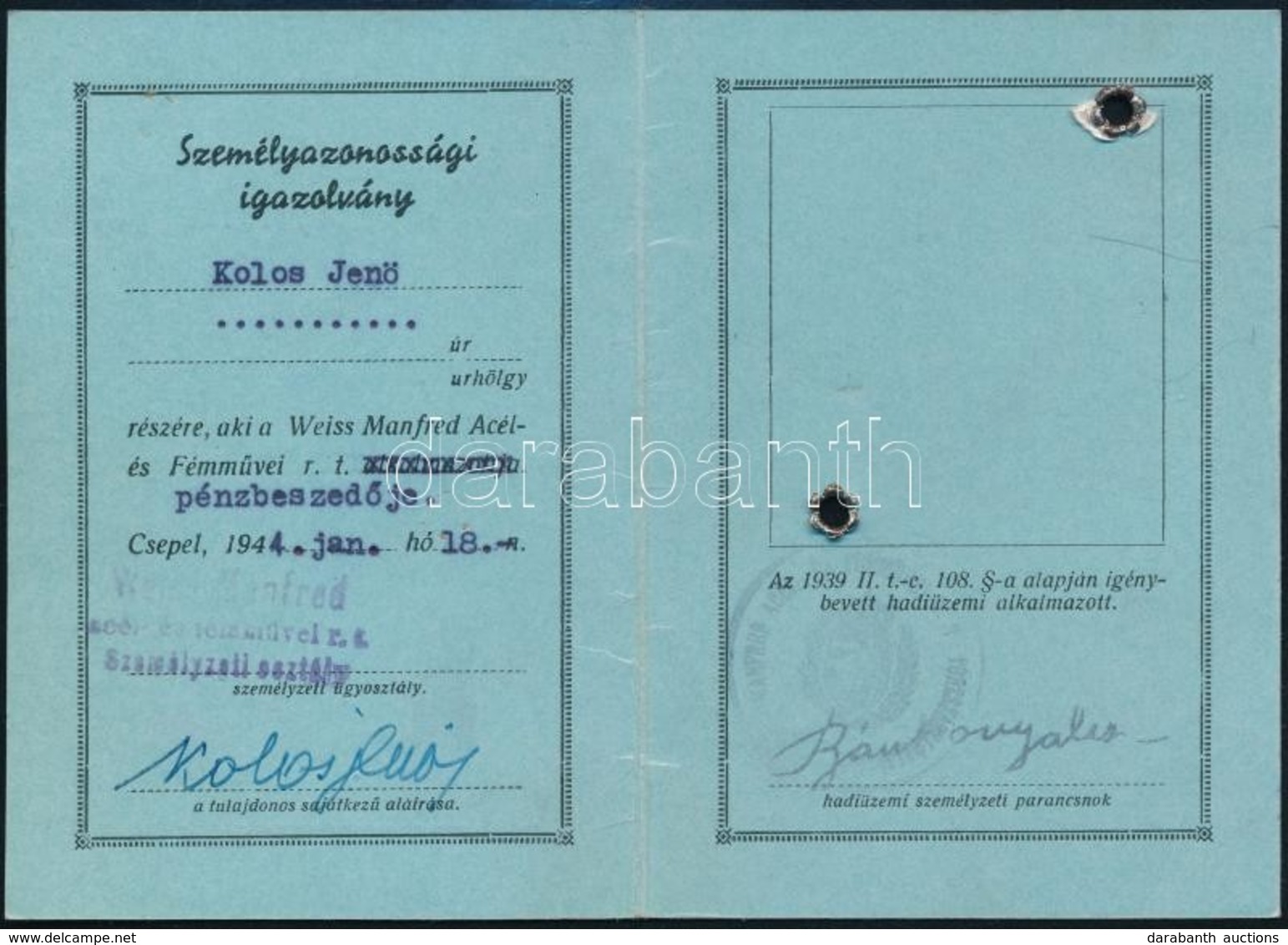 1944 Csepel, Weiss Manfred Acél és Fémművei Rt. Pénzbeszedőjének Személyazonossági Igazolványa, - Unclassified