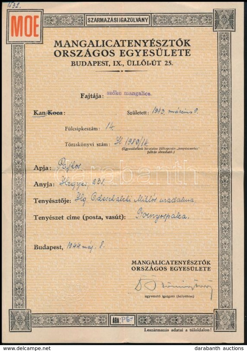 1944 Mangalicatenyésztők Országos Egyesületének Származási Igazolványa, Hátoldalán Táblázattal. - Unclassified