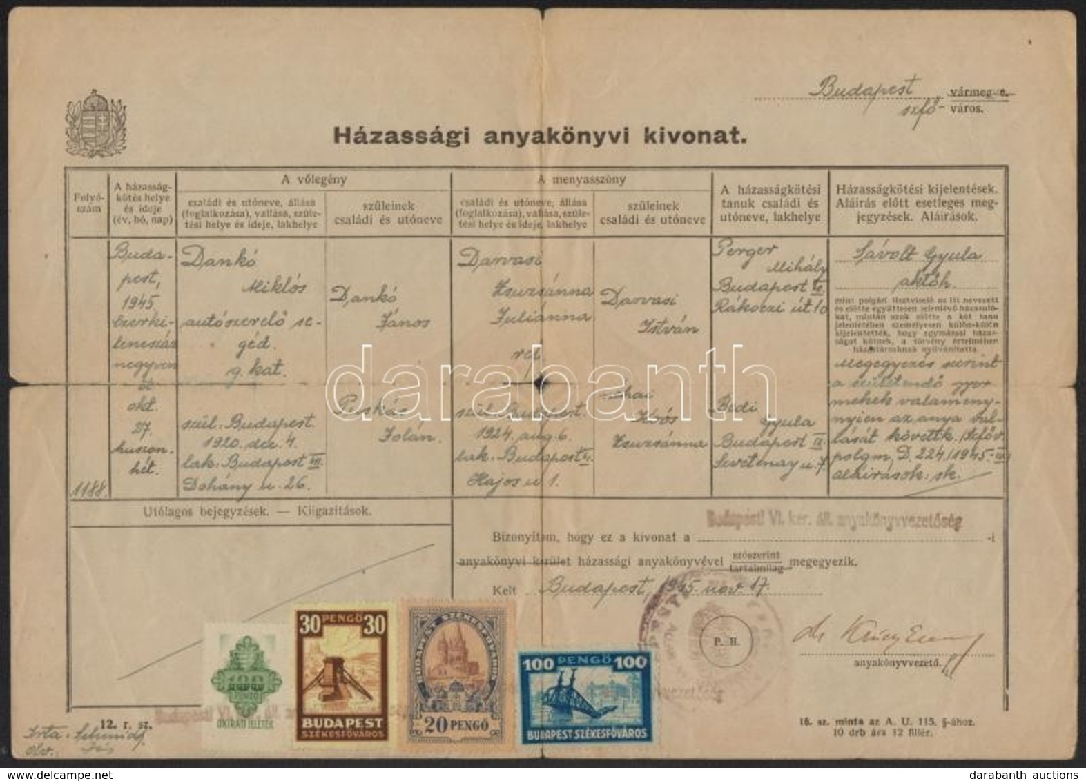 1945-1947 Házassági Illetve Születési Anyakönyvi Kivonat, Különféle Okmánybélyegekkel - Unclassified