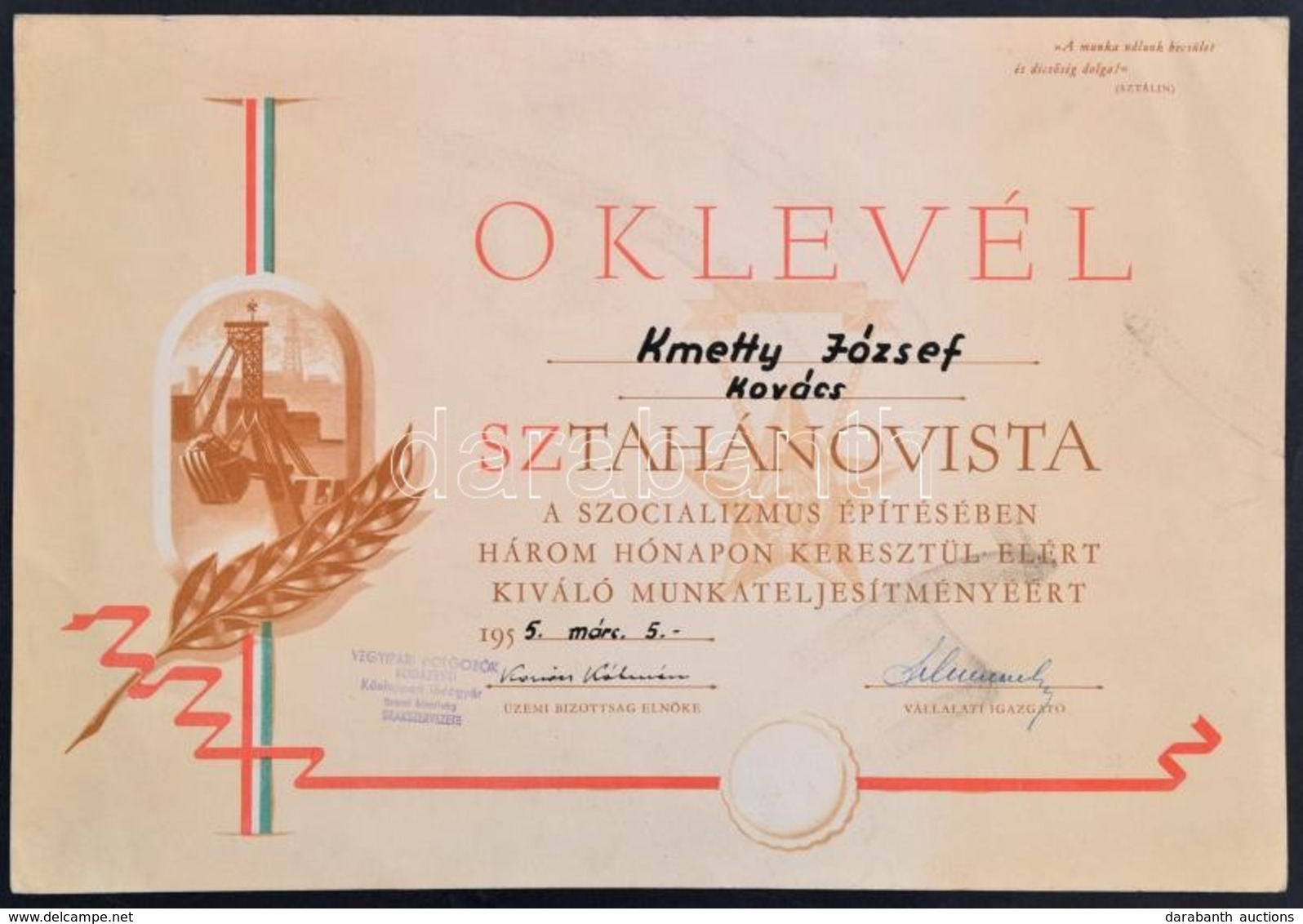 1955 Díszes Sztahanovista Oklevél Kovács Részére - Unclassified