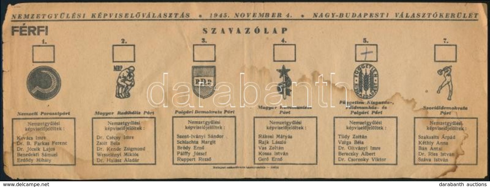 1945 Nemzetgyűlési Képviselőválasztás Szavazói Lapja, 1945. Nov. 4.,nagy-budapesti Választókerület, Foltos. - Unclassified