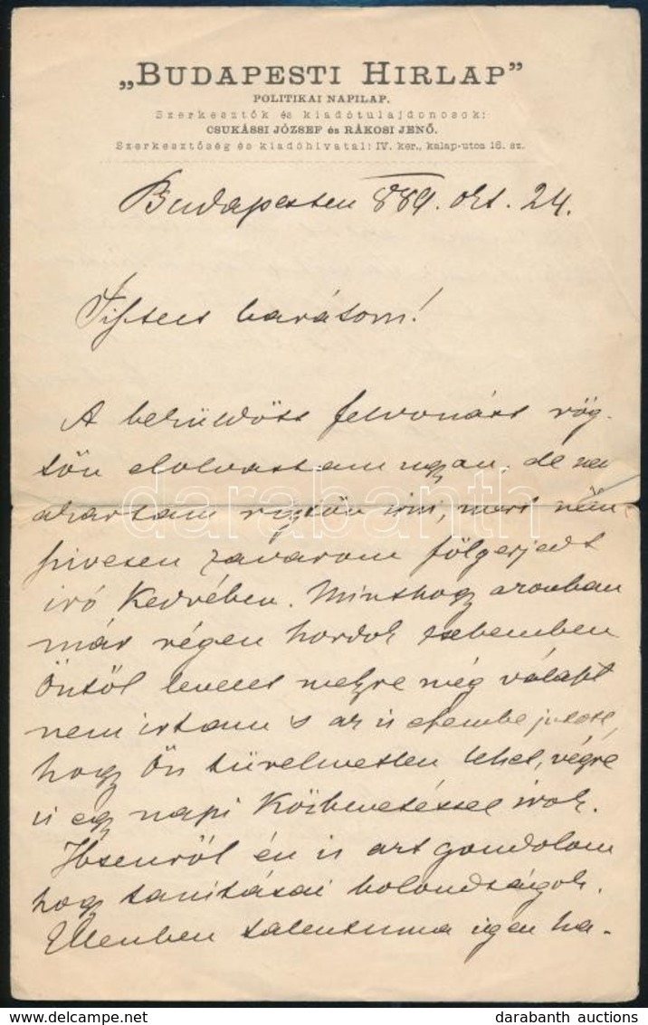 Rákosi Jenő (1842-1929) író, újságíró, Szini Igazgató Saját Kézzel írt 4 Oldalas Levele Egy Meg Nem Nevezett Szerzőnek - Zonder Classificatie