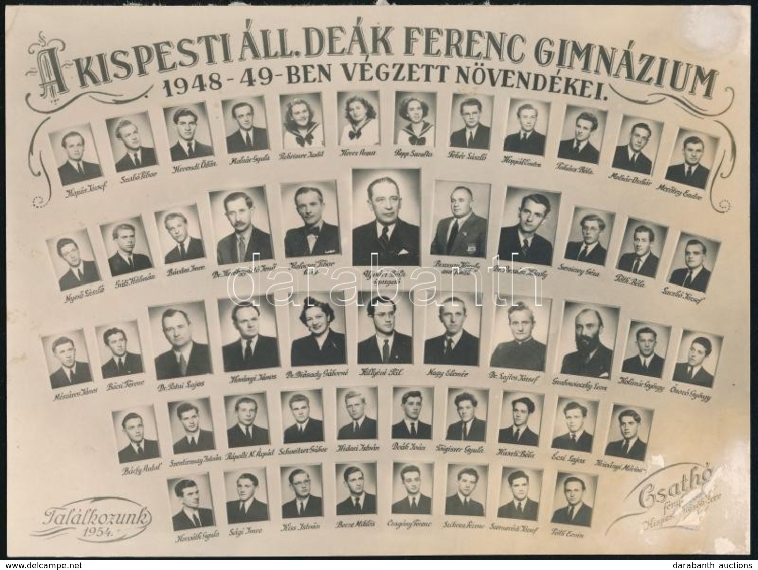 1949 A Kispesti Állami Deák Ferenc Gimnázium Tanárai és Végzős Tanulói, Kistabló Nevesített Portrékkal, Sarkán Sérült, 1 - Other & Unclassified