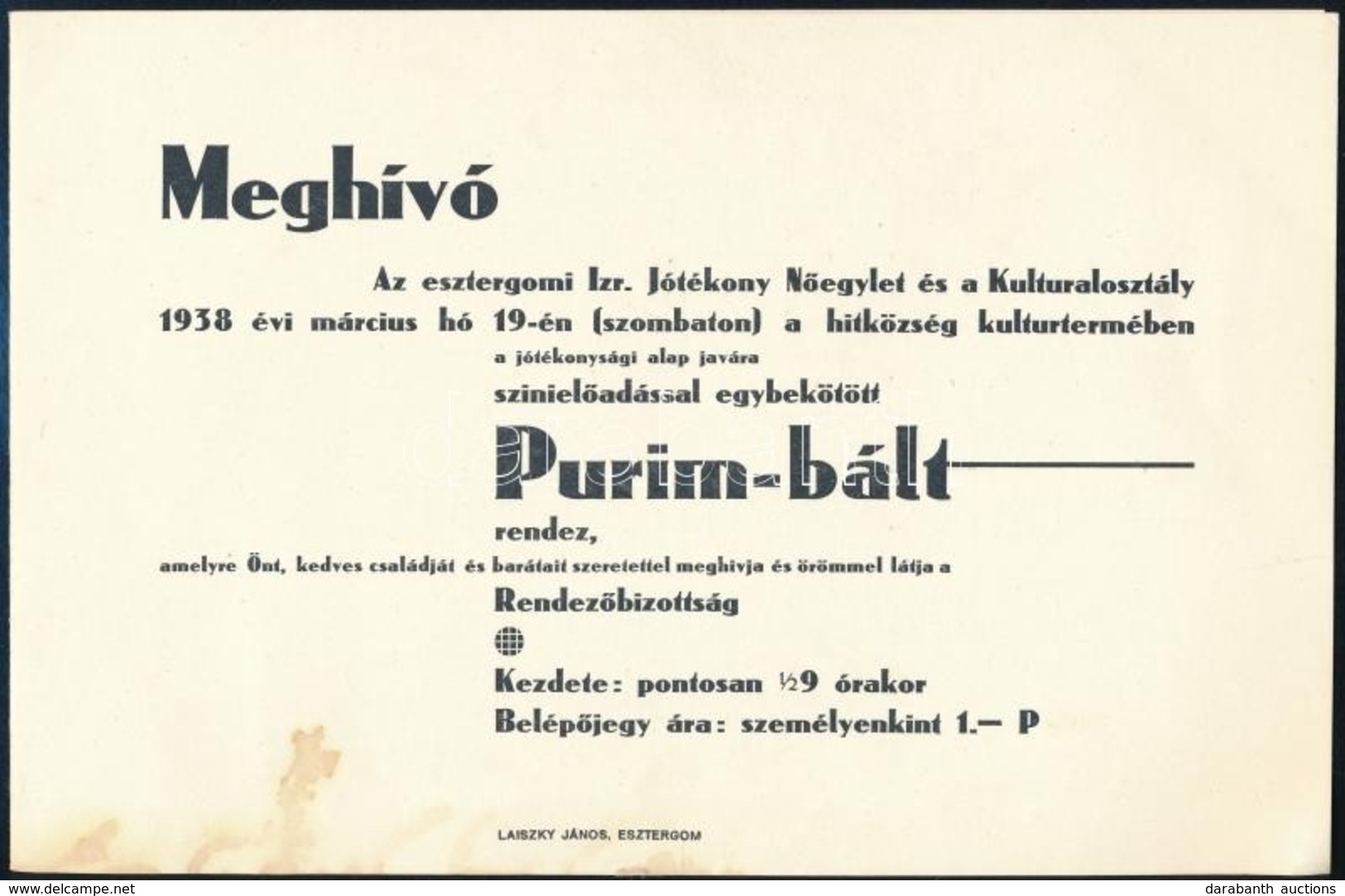 1938 Az Esztergomi Izraelita Jótékony Nőegylet és Kulturalosztály Purim Báli Meghívója, Eredeti Borítékjával, Etter Jenő - Andere & Zonder Classificatie