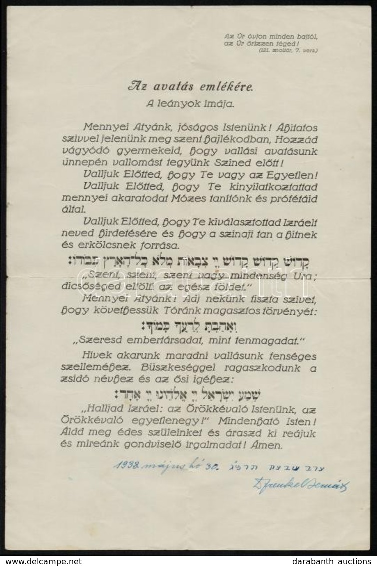 1933 'Az Avatás Emlékére', Gépelt Nyomtatvány, Frenkel Bernát Rabbi Kézírásos Feljegyzésével, Aláírásával - Andere & Zonder Classificatie