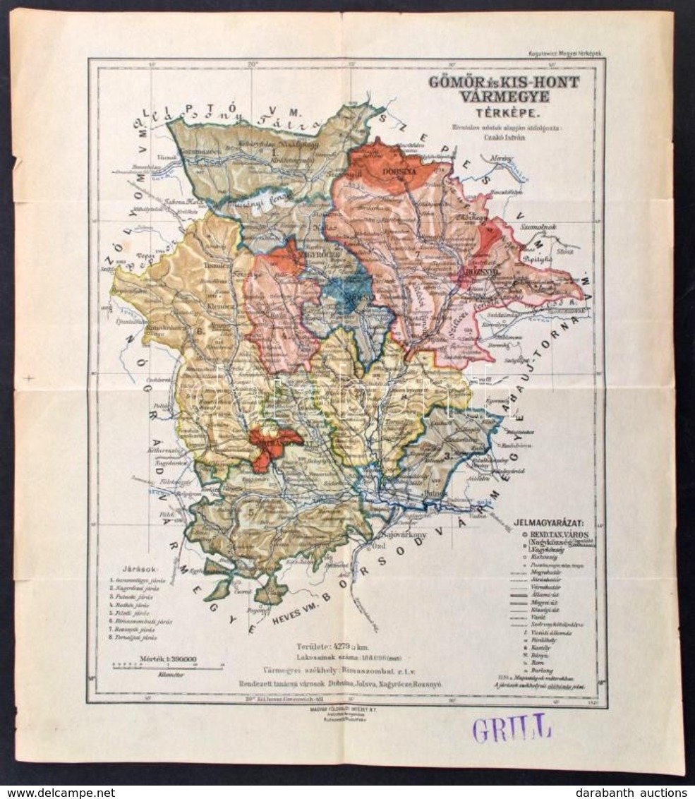 Cca 1922 Gömör és Kis-Hont Vármegye Térképe, Kiadja: Magyar Földrajzi Intézet Rt., Szakadással, 35×31 Cm - Sonstige & Ohne Zuordnung