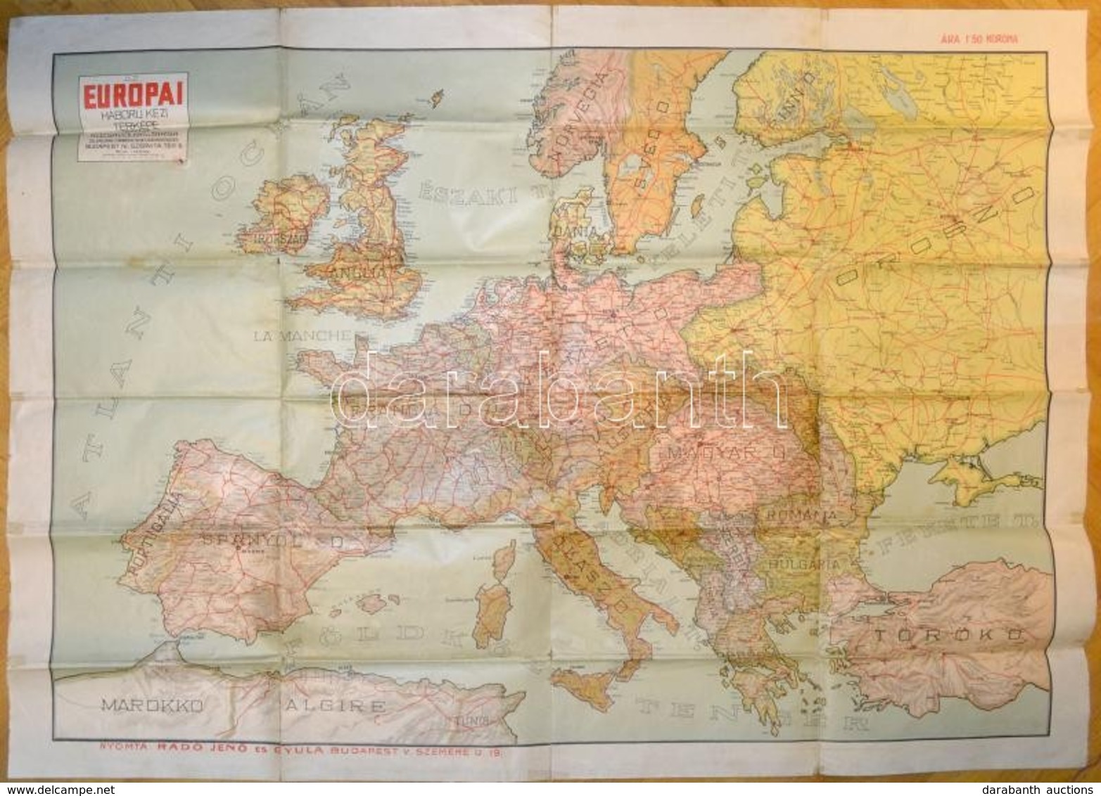 1915 Az Európai Háború Kézi Térképe, Bp., Rózsavölgyi és Társa, A Hajtások Mentén Ragasztott, Egyébként Jó állapotban, 8 - Other & Unclassified
