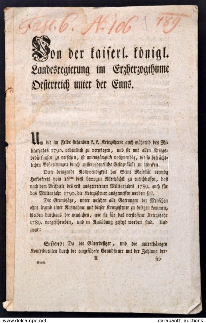 1789 Az Alsó-ausztriai Tartományi Kormányzóság Nyomtatott, Német Nyelvű Körlevele Hadiadó Kivetéséről - Unclassified