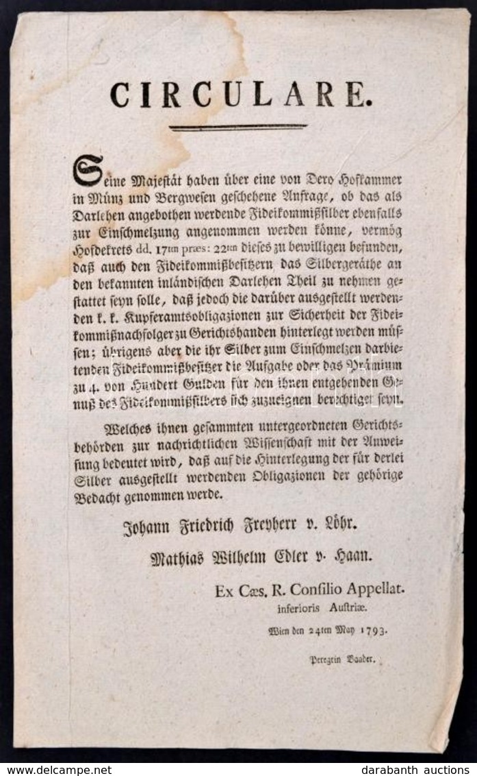 1793 Német Nyelvű Nyomtatott Körlevél Az Ezüstbányák Használatáról - Zonder Classificatie