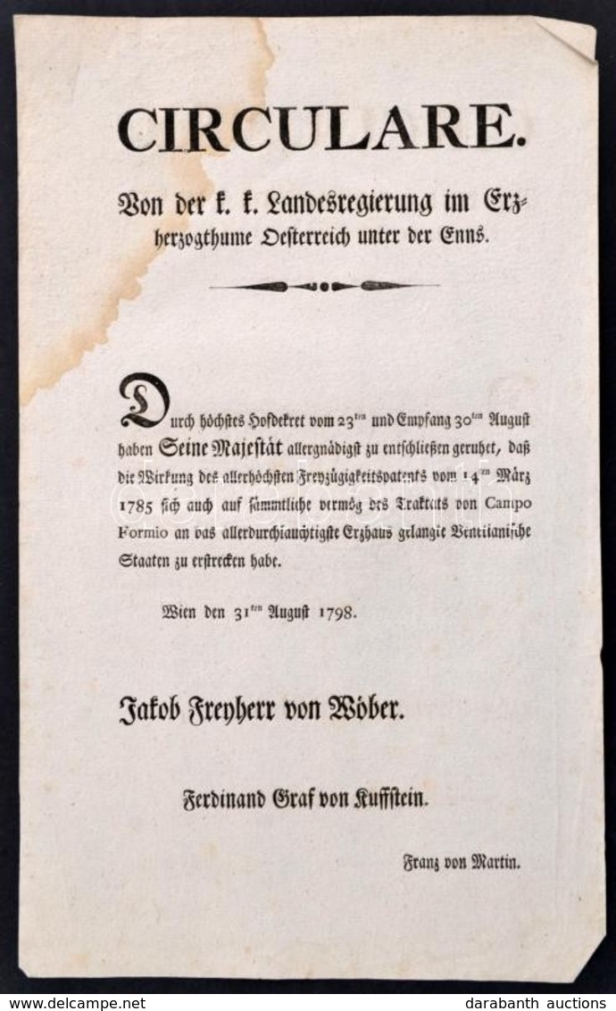 1798 Az Alsó-ausztriai Tartományi Kormányzóság Nyomtatott Körlevele A Szabad Költözési Jog Kiterjesztéséről A Velencei á - Zonder Classificatie